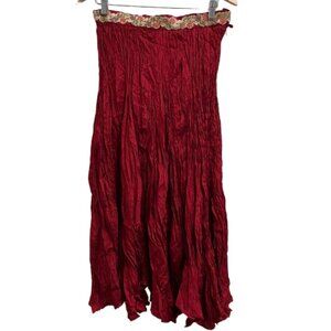Chaudry Anthropologie Crinkle Maxi Skirt Beaded Boho Red Festival NEW Medium